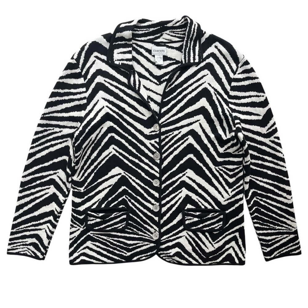 Chico’s Women’s M Black White Zebra Print Button Front Silk Bl. Cardigan Sweater